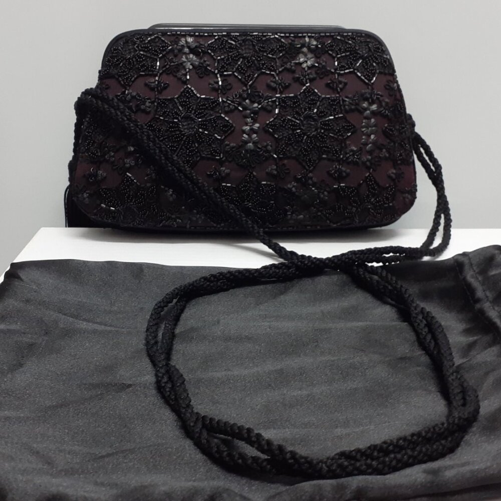 JUDITH LEIBER Purple Satin Black Floral Beaded Shoulder Strap Clutch Bag